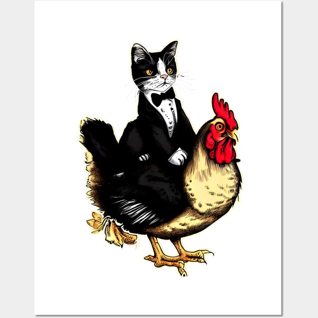 Tuxedo Cat on a Chicken Funny Wall Art by T-shirt US